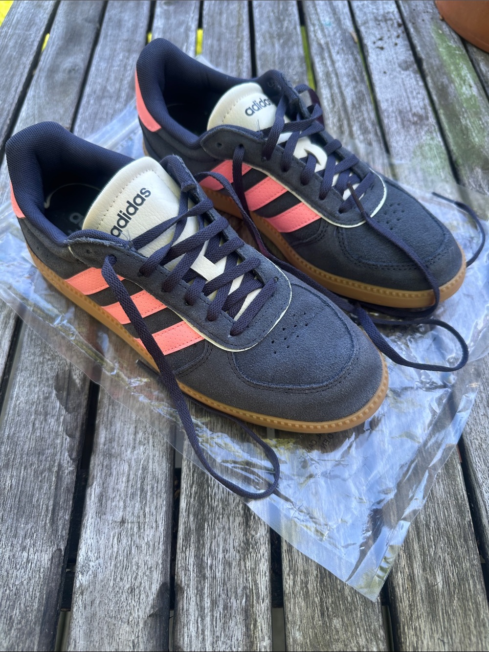 adidas Breaknet Sleek Shoes Shadow Navy Suede Sneakers with Pink Accent Stripes